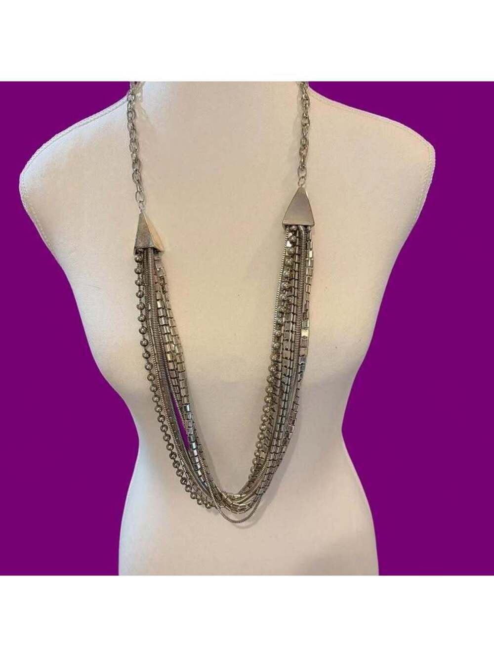 Multi-Chain Silver Tone Statement Necklace with Mixed Link Styles